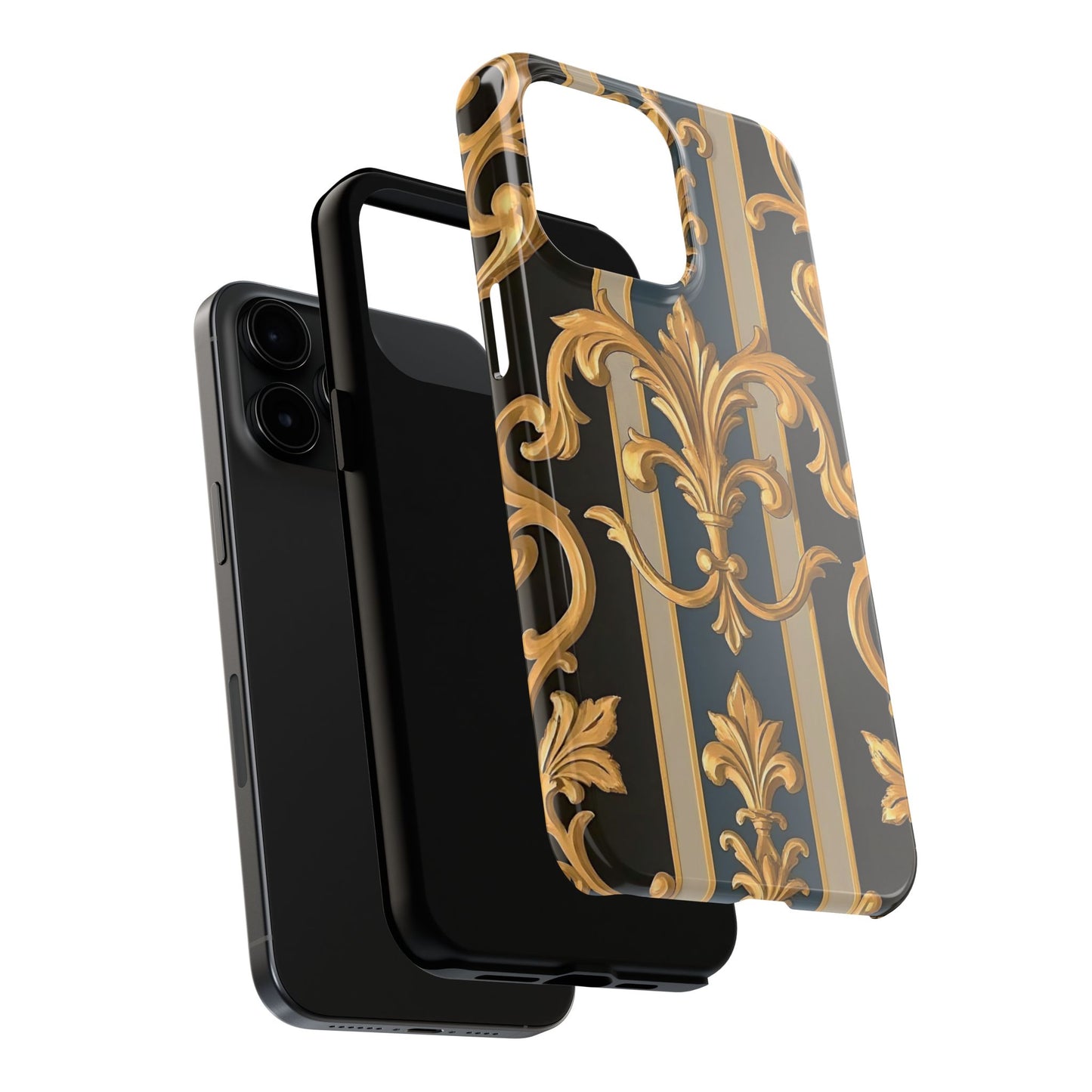 Elegant Rococo Phone Cases, Tough iPhone Case, Floral Design Case, Luxury Phone Cover - Blue & Black Striped Rococo