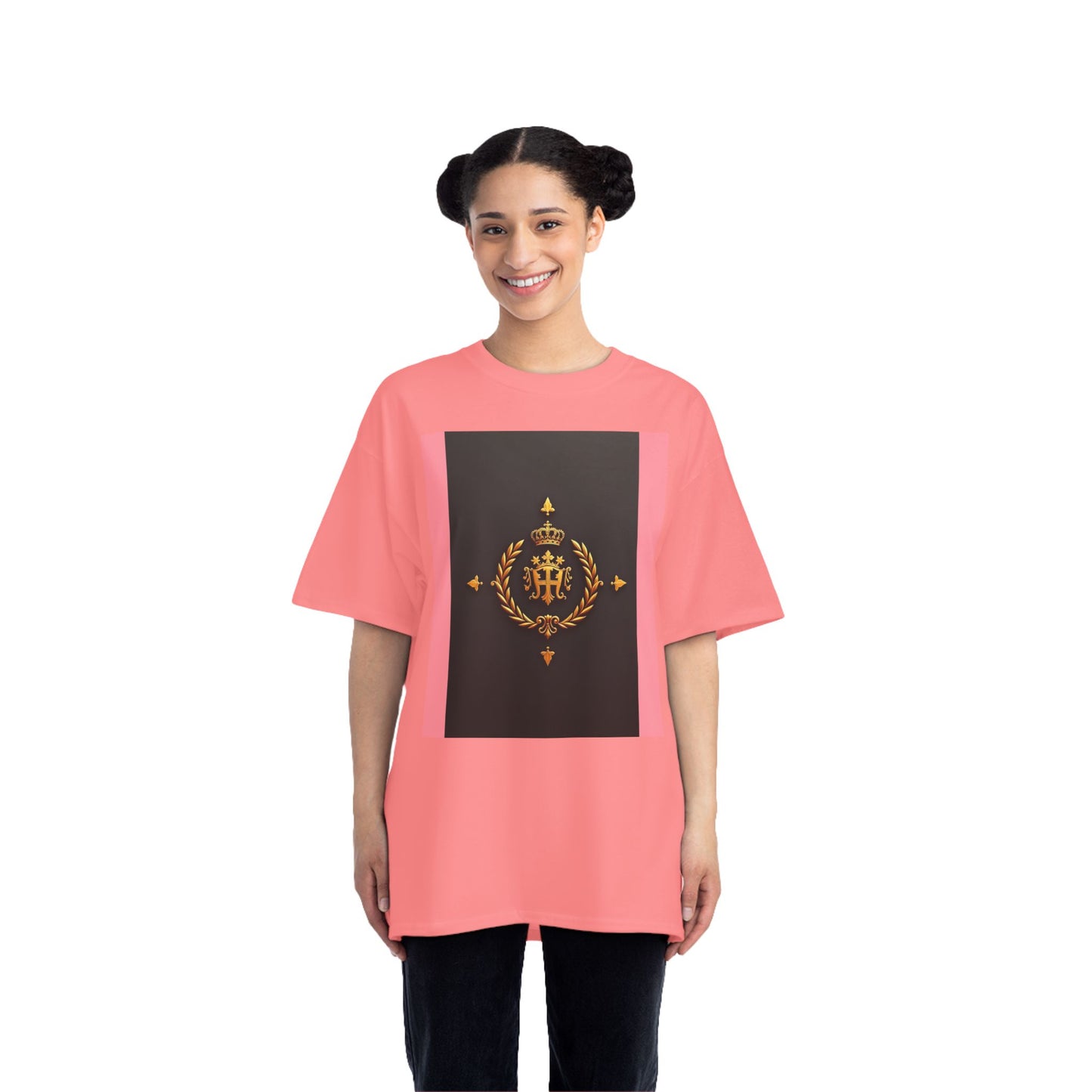 Short-Sleeve Graphic T-Shirt, Stylish Casual Wear, Trendy Gift for Friends, Summer Fashion, Statement Tee, Everyday Comfort - Pink Striped Gold Crest