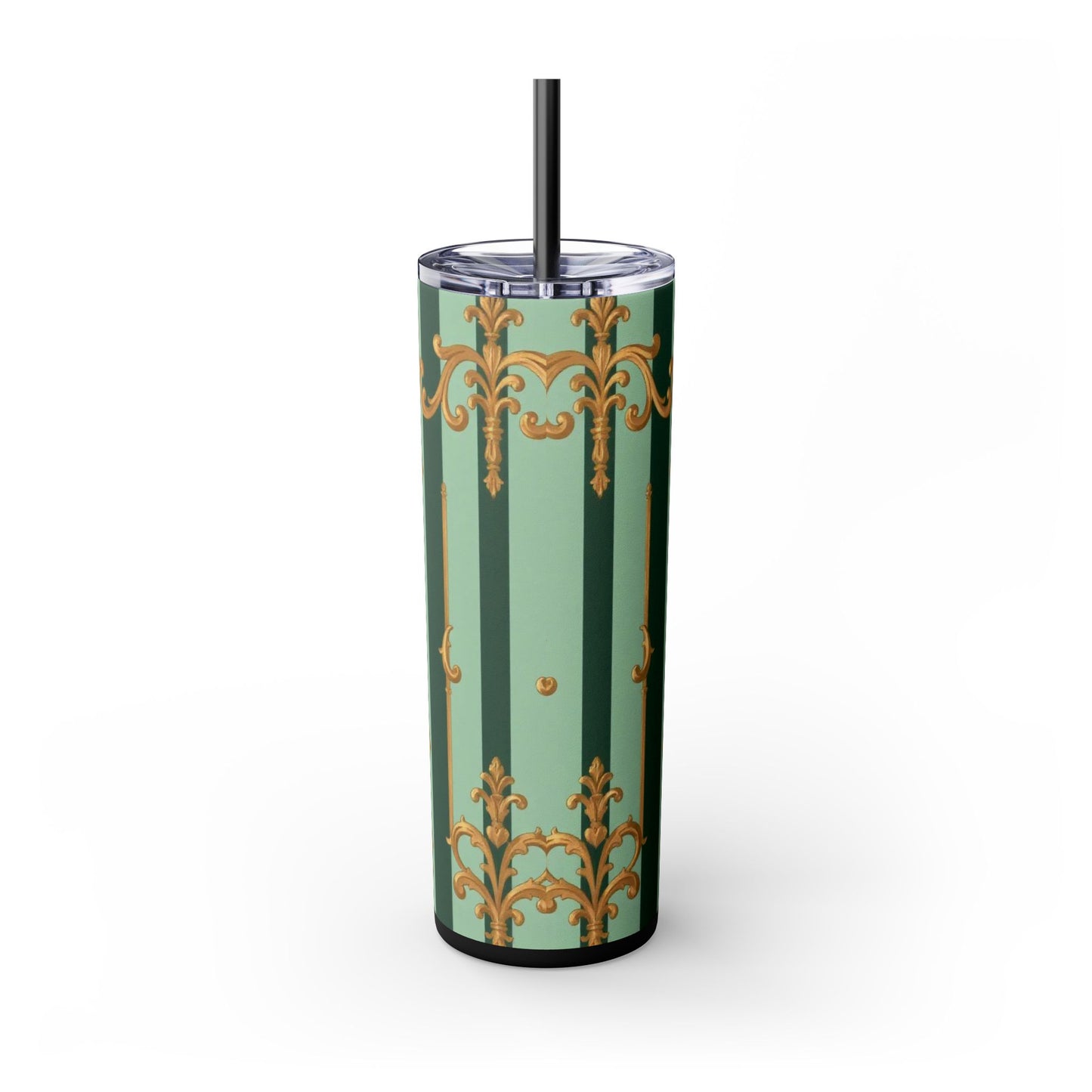Elegant Floral Skinny Tumbler with Straw, 20oz – Stylish Travel Mug, Eco-Friendly Reusable Cup - Mint Green & Teal Striped Gold Baroque