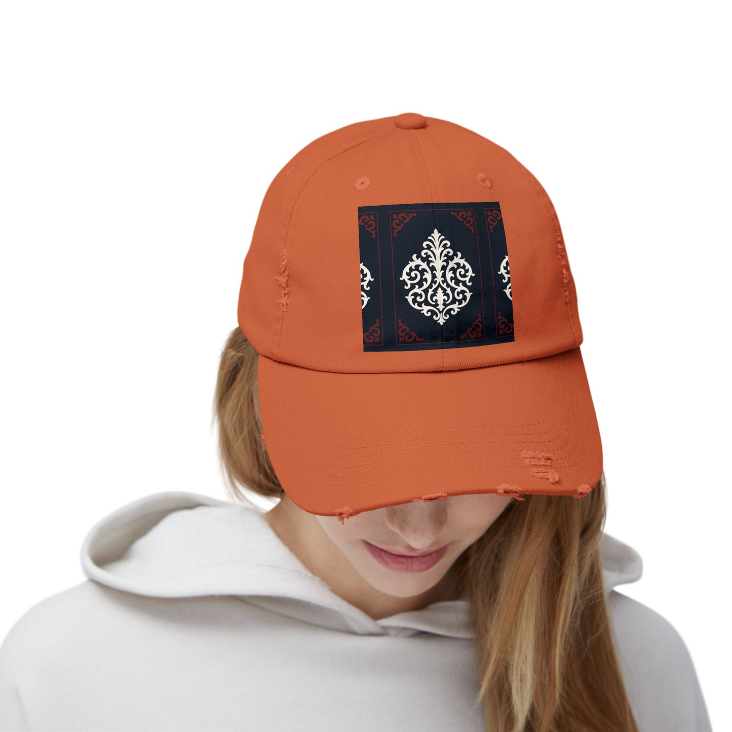 Dusk Blue & Maroon-White Baroque Distressed Cap with Ornamental Medallion Patch