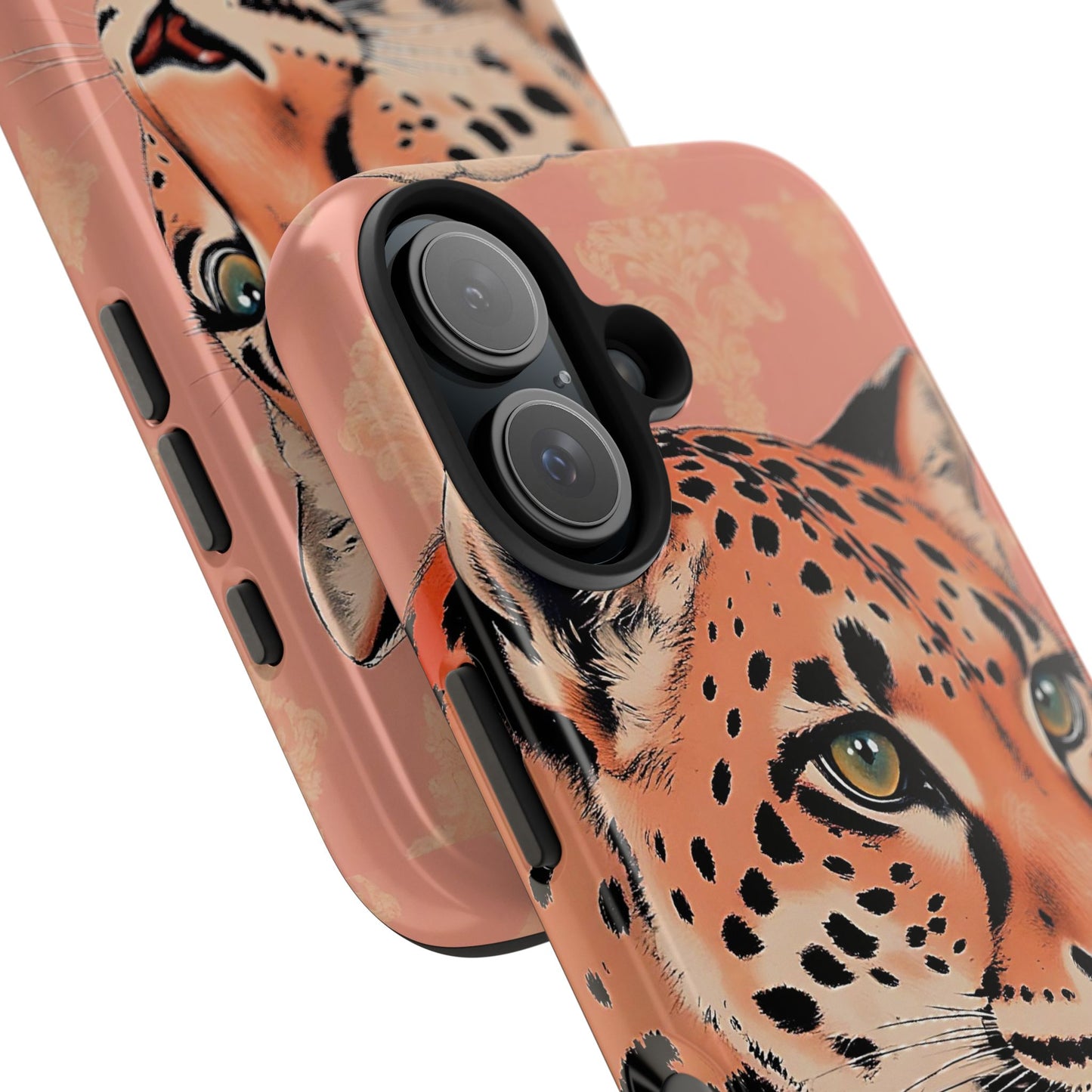 Leopard Tough Phone Case - Trendy Floral Motif Design for Animal Lovers - Peach Leopard & Damask