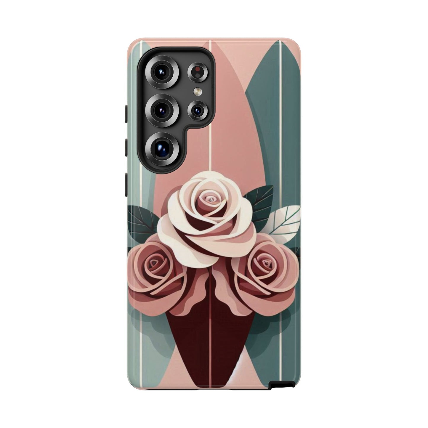 Phone Case - Burgundy, Matte Mauve & Teal Surfboard & Roses Design