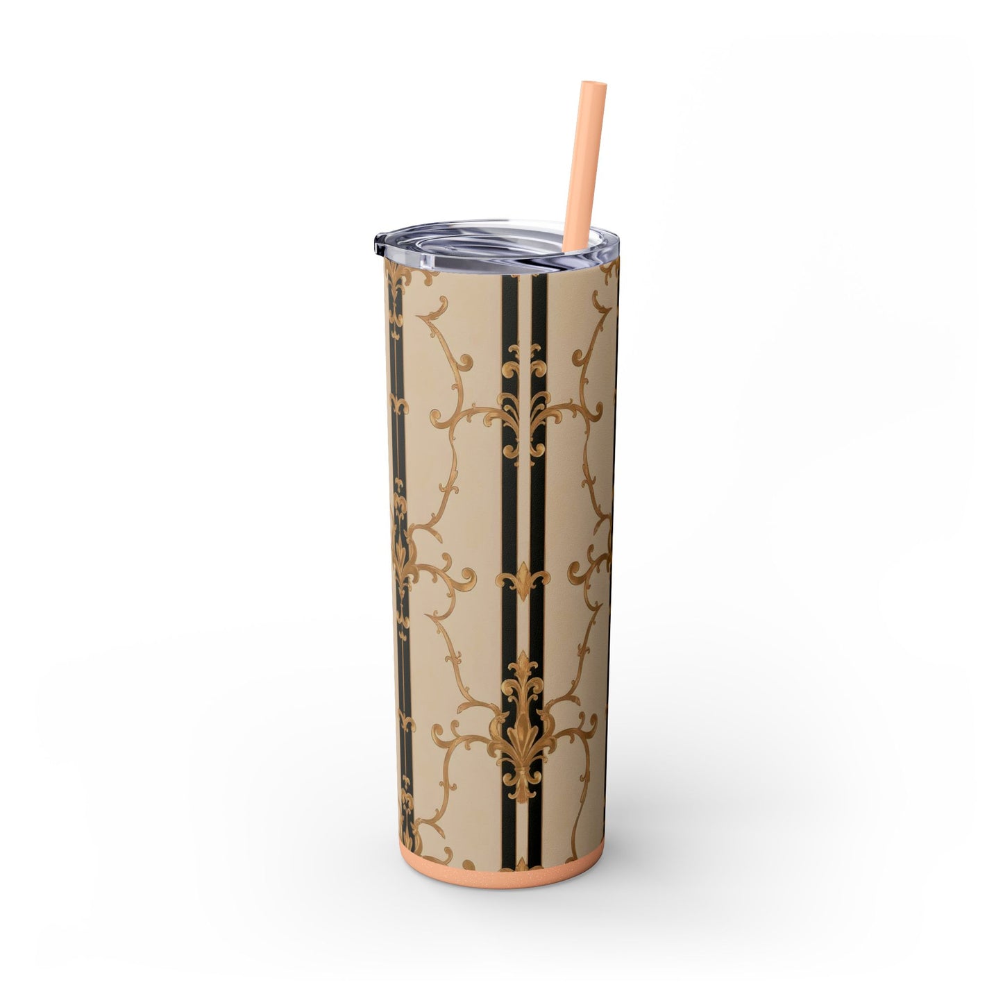 Elegant Gold Patterned Skinny Tumbler with Straw, 20oz | Stylish Travel Mug, Gift for Her, Fancy Drinkware - Black & Beige Striped Damask