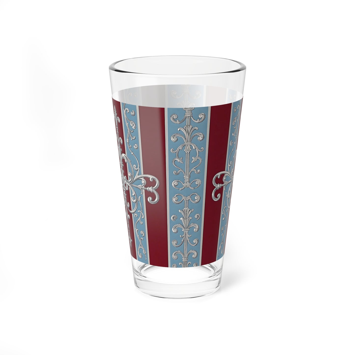 Elegant Vintage 16oz Mixing Glass - Perfect for Entertaining & Home Bar - Ice Blue & Burgundy Striped Baroque