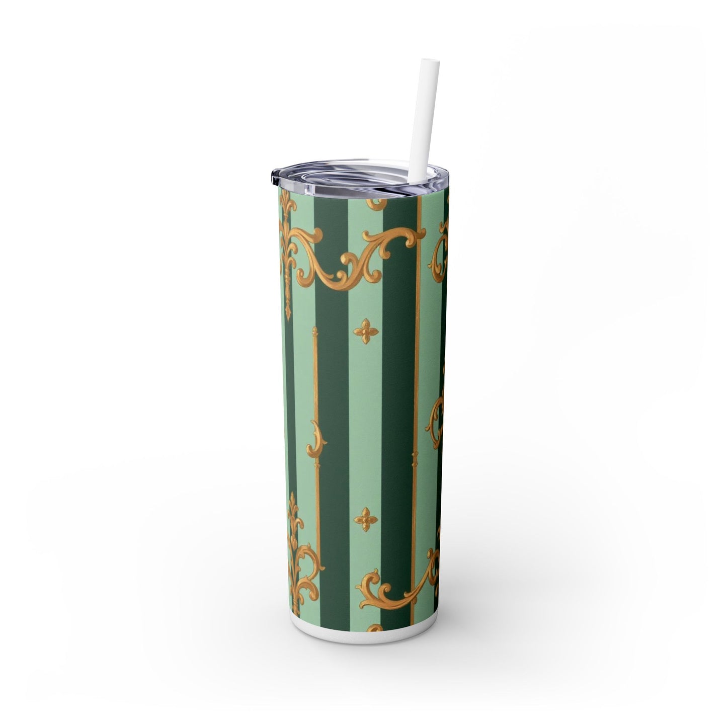 Elegant Floral Skinny Tumbler with Straw, 20oz – Stylish Travel Mug, Eco-Friendly Reusable Cup - Mint Green & Teal Striped Gold Baroque