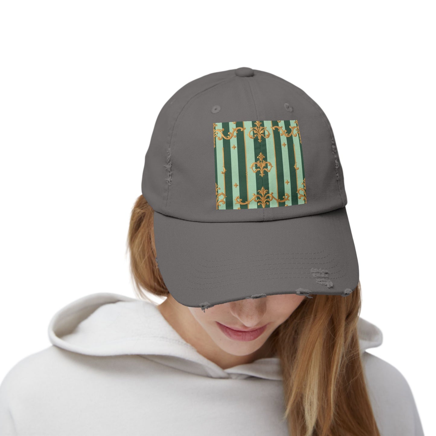 Vintage Chic Unisex Distressed Cap - Fashion Hat, Casual Headwear, Trendy Accessory, Gift for Him/Her - Mint Green & Teal Striped Gold Baroque