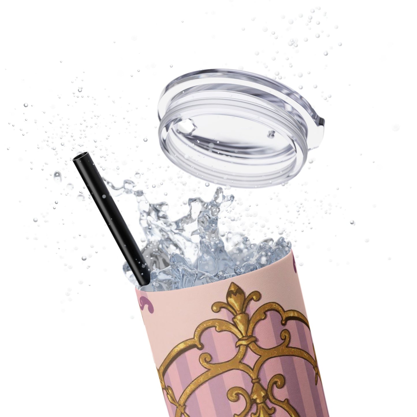 Elegant Lavender & Alabaster Striped Gold Baroque Tumbler - Insulated 20oz Skinny Cup with Straw, Ideal for Gifts, Parties, and Daily Use