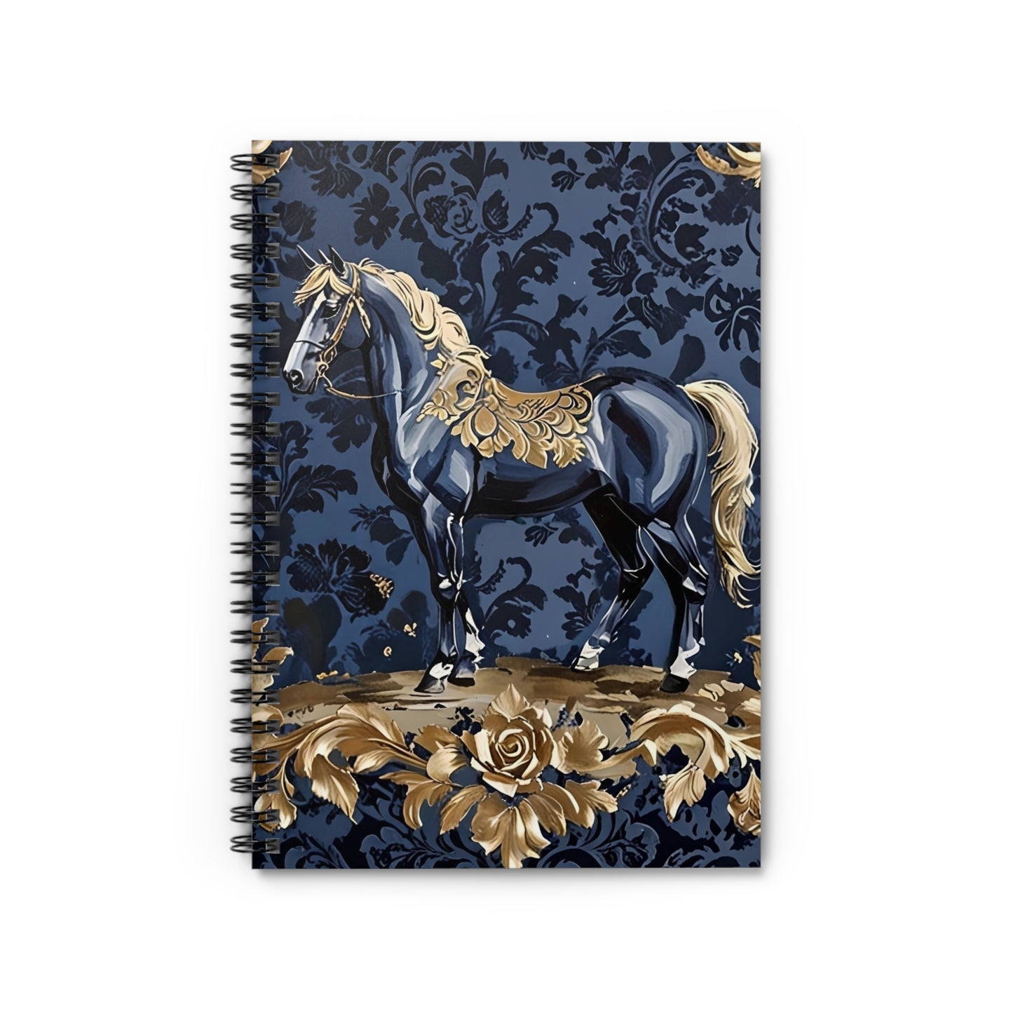 Elegant Vintage Spiral Notebook - Ruled Line with Gold Damask & Midnight Blue Horse