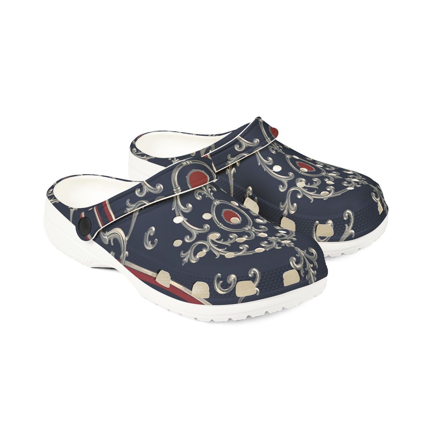 Stylish EVA Foam Clogs for Comfort and Fashion | Perfect for Garden, Home, Nursing, Gifts, Everyday Wear - Blue & Red Striped Silver Baroque