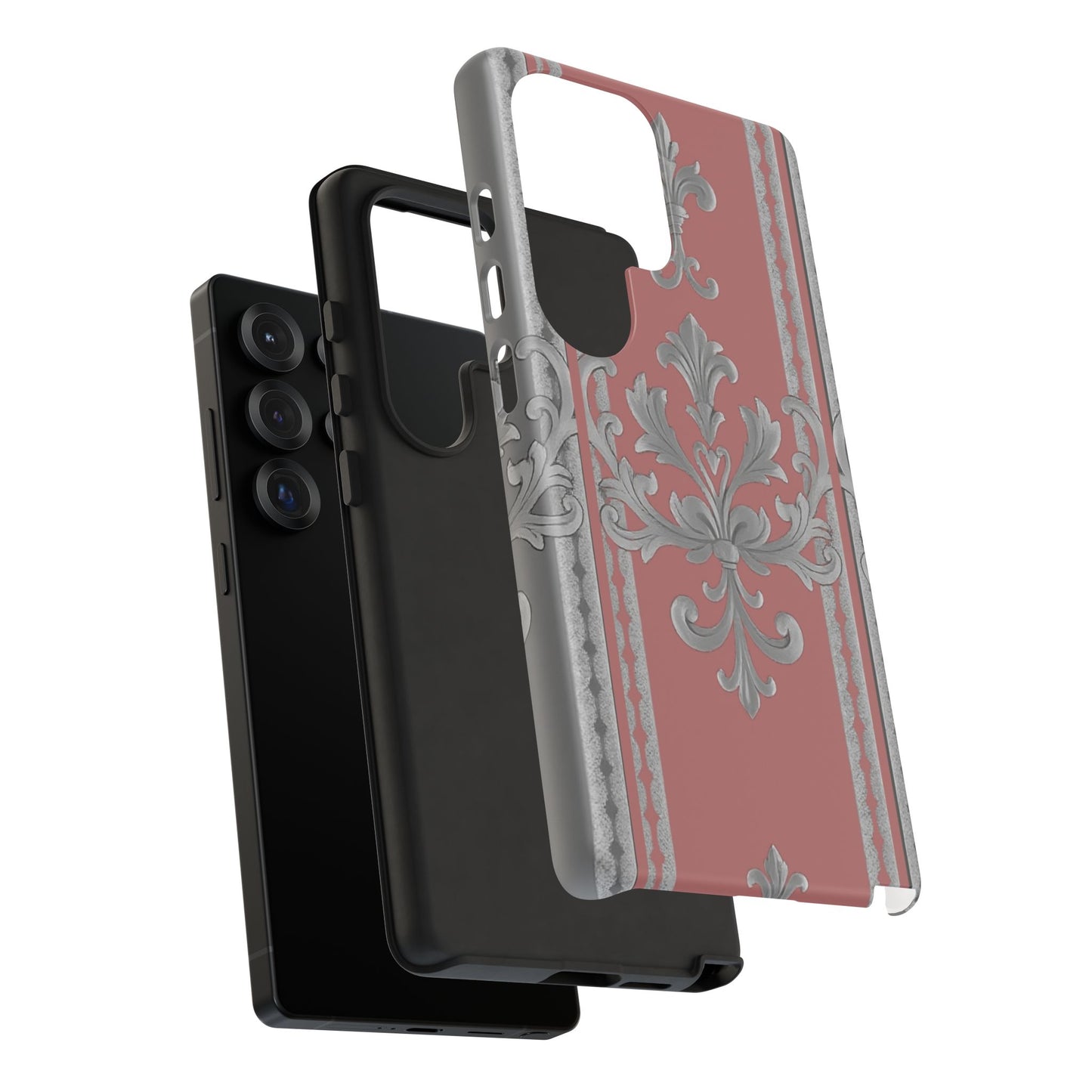 Elegant Floral Phone Case - Tough Cases for Stylish Protection - Gray & Mauve Striped Baroque