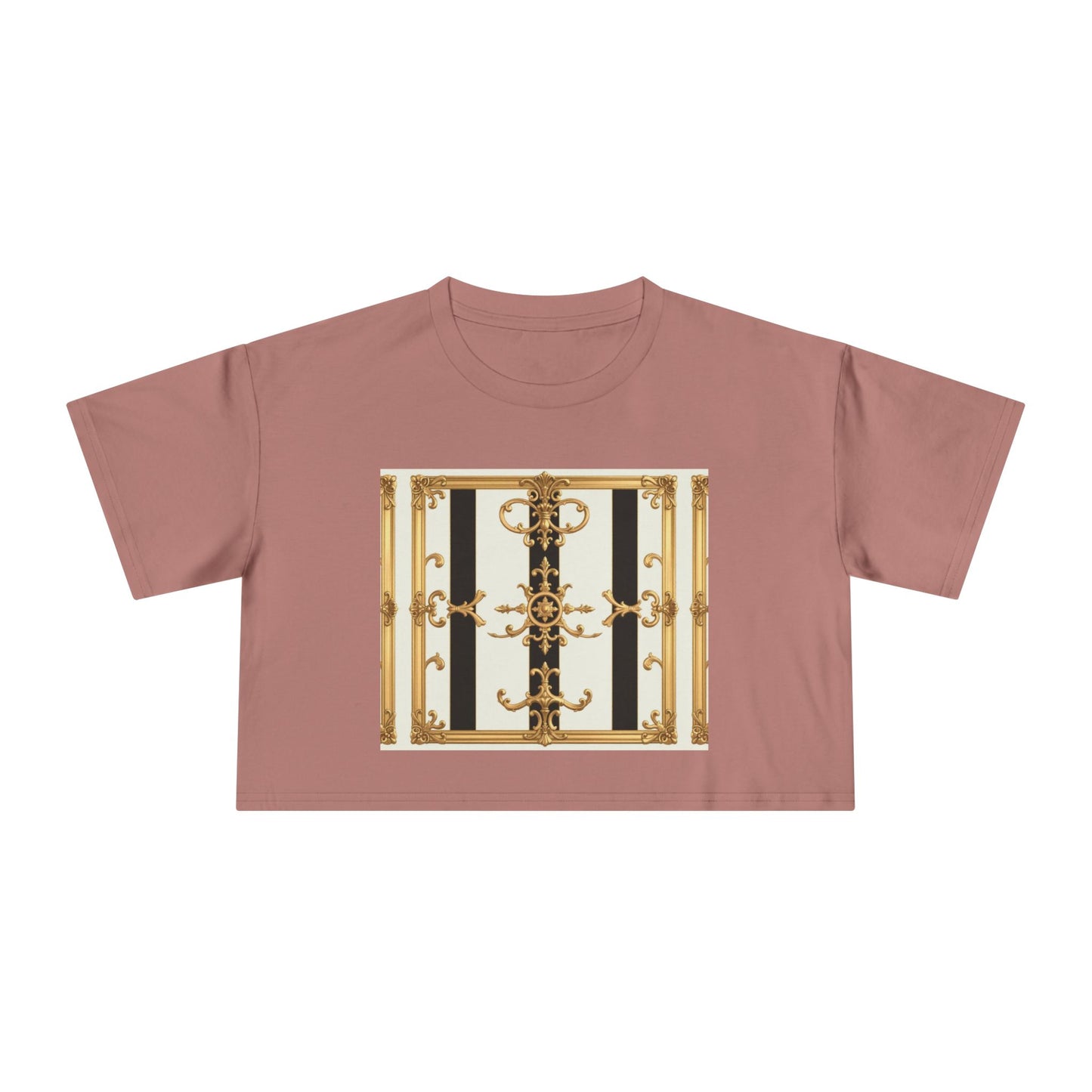 Chic Gold Baroque Women's Crop Tee, Stylish Summer Top, Fashionable Gift for Her, Casual Fashion - Black & White Striped Gold Baroque