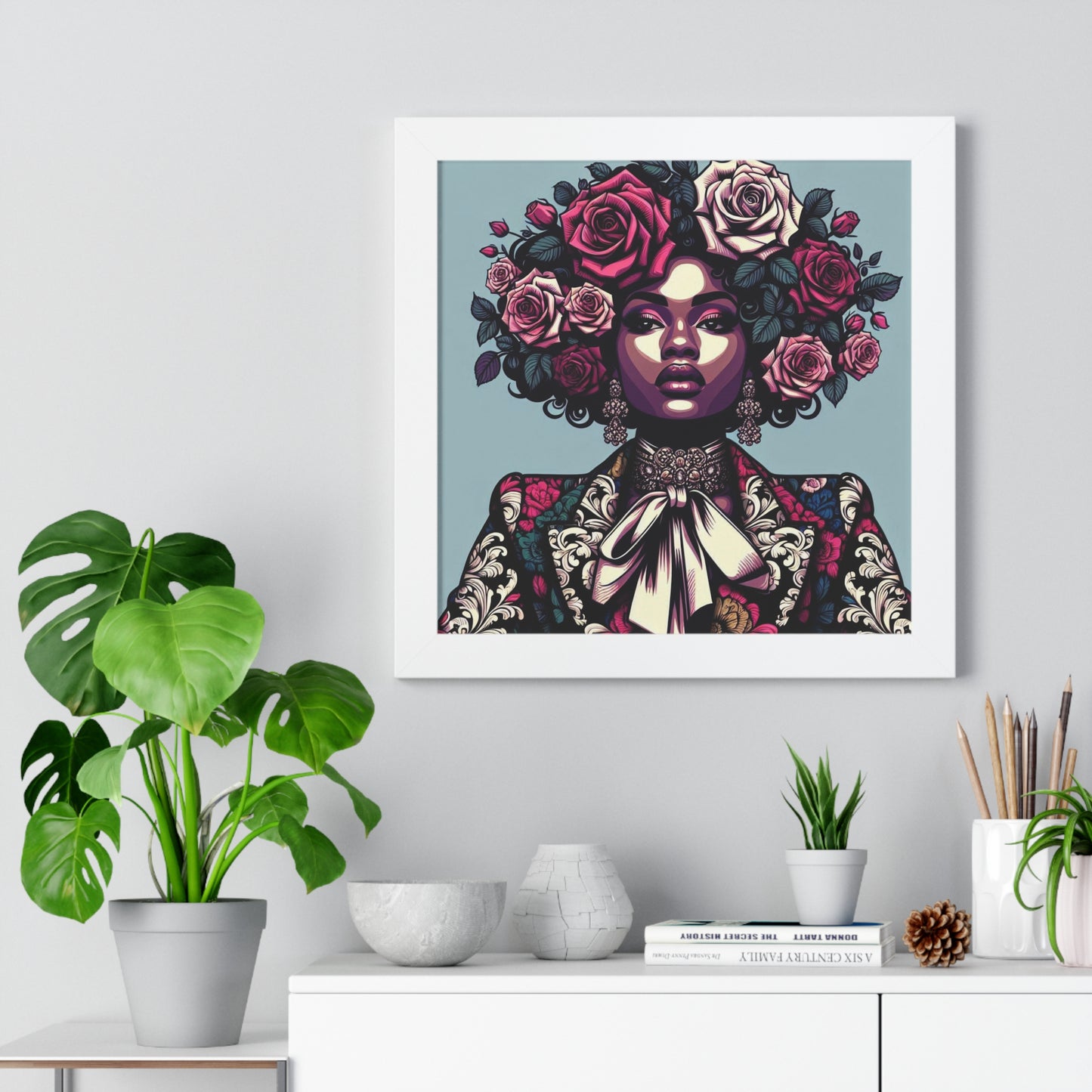 Vertical Poster -  Lady In Damask Suit & Roses Wall Art