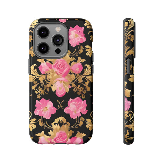 Elegant Floral Motif Phone Case - Tough Cases with Vintage Design - Pink & Gold Roses