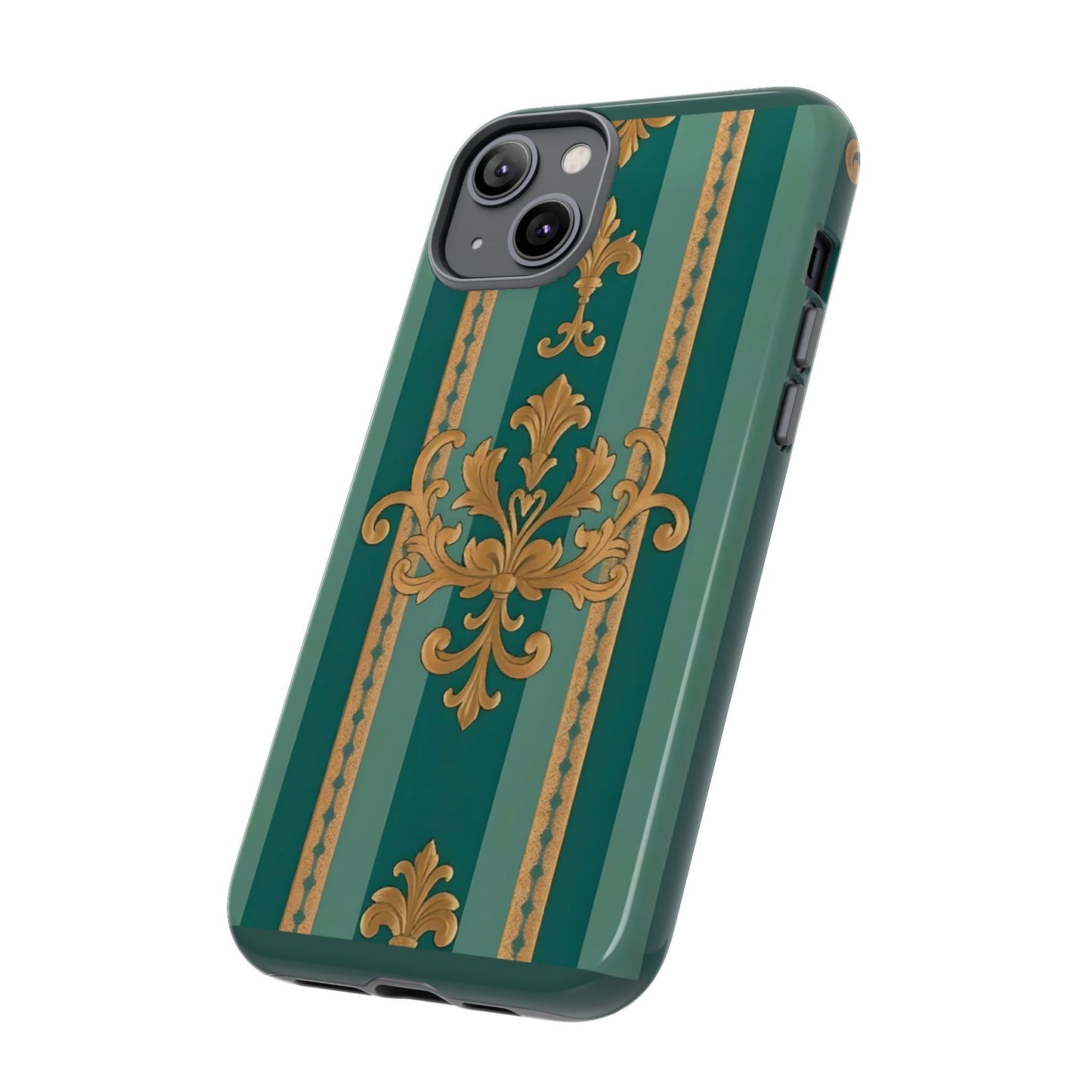 Elegant Floral Motif Phone Case - Tough Cases with Vintage Design - Teal Striped Gold Damask