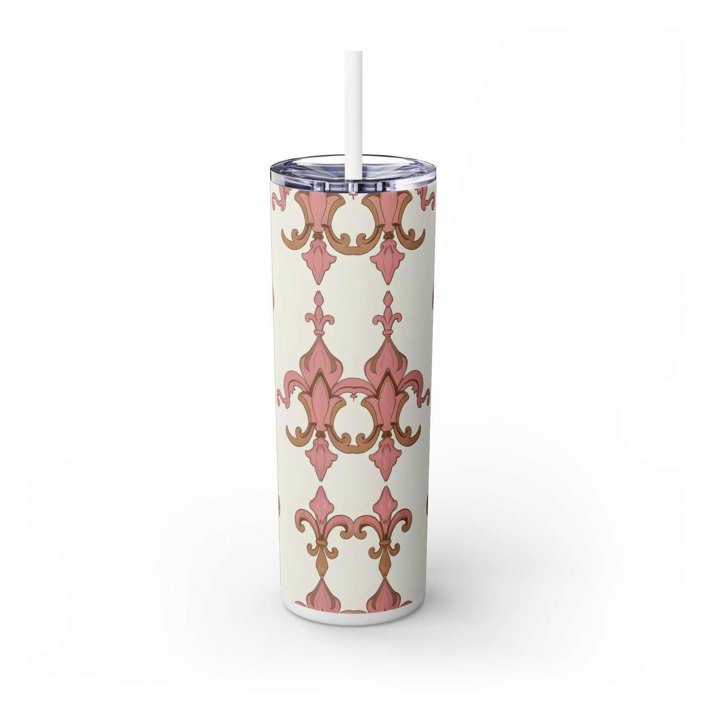 Elegant Floral Skinny Tumbler, 20oz Drinkware, Stylish Travel Mug, Wedding Gift, Personalized Gift, Eco-Friendly Cup - Brown Striped Pink Arabesque