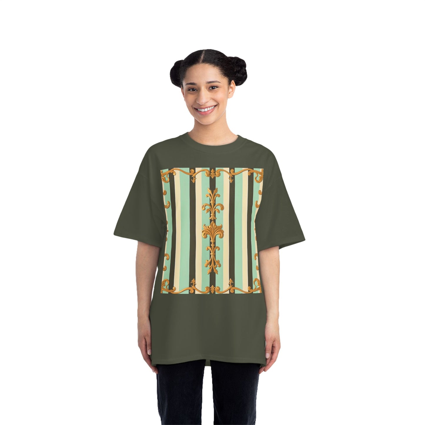 Vintage-Inspired Short-Sleeve T-Shirt, Casual Wear, Graphic Tee, Retro Style, Summer Fashion, Gift for Her - Black & Matte Mint Striped Rococo