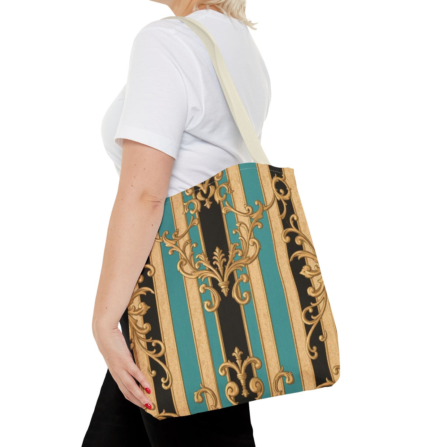 Elegant Black, Tan & Ocean Green Striped Gold Baroque Vintage Pattern Tote Bag, Stylish Carryall, Fashionable Handbag, Perfect Gift for Mother’s Day