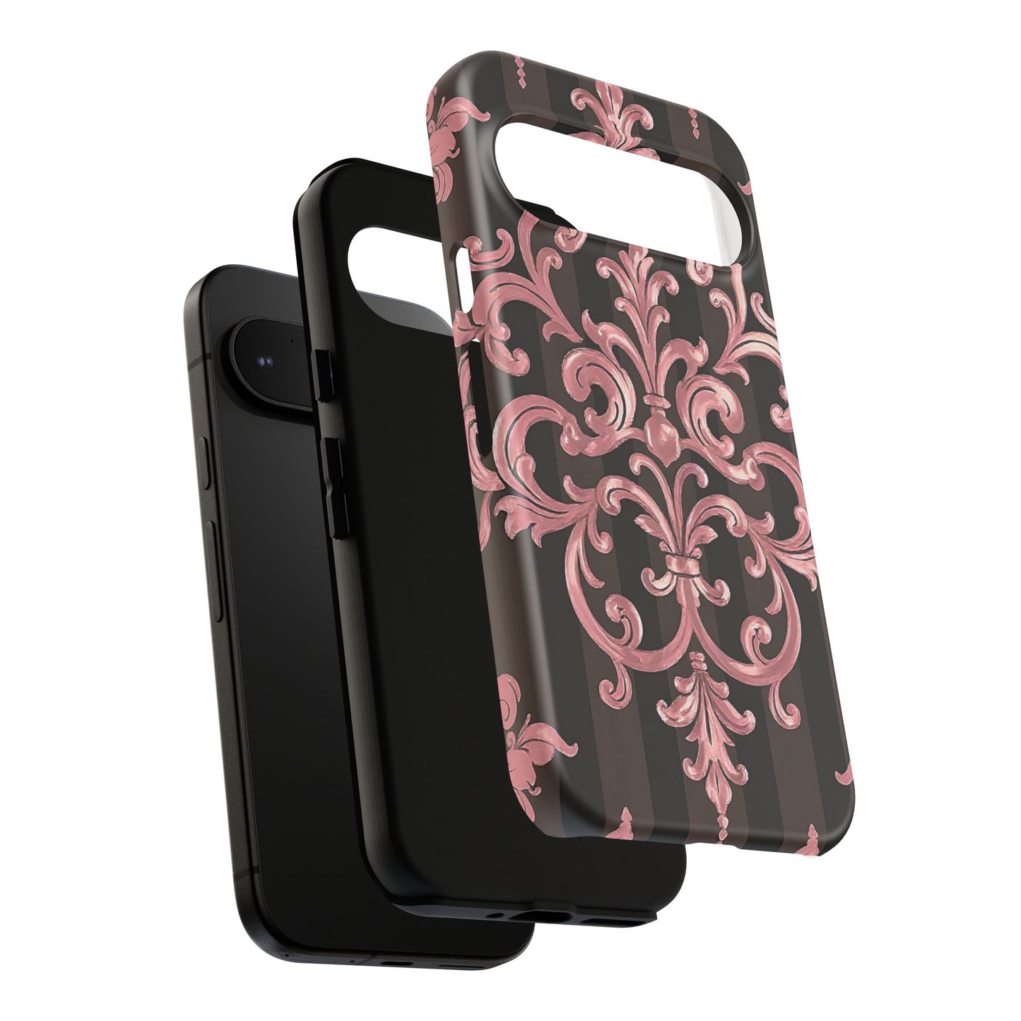 Elegant Floral Motif Phone Case - Tough Cases with Vintage Design - Brown Striped Mauve Damask