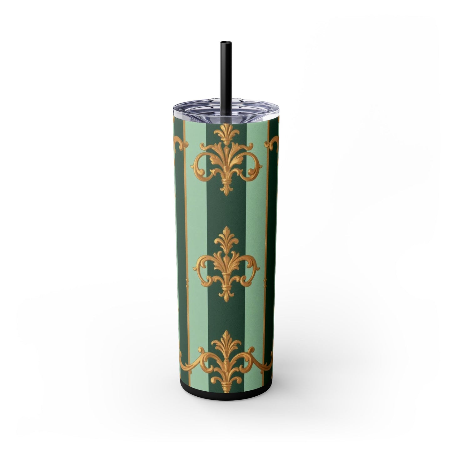 Elegant Floral Skinny Tumbler with Straw, 20oz – Stylish Travel Mug, Eco-Friendly Reusable Cup - Mint Green & Teal Striped Gold Baroque