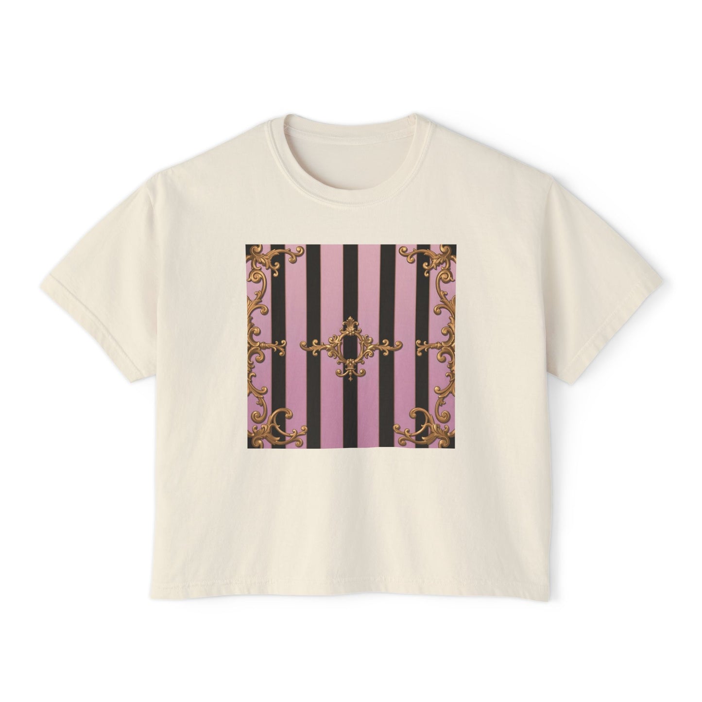 Chic Women's Boxy Tee, Vintage Striped Top, Trendy Short Sleeve Shirt, Casual Fashion T-Shirt - Matte Lavender & Black Striped Gold Baroque