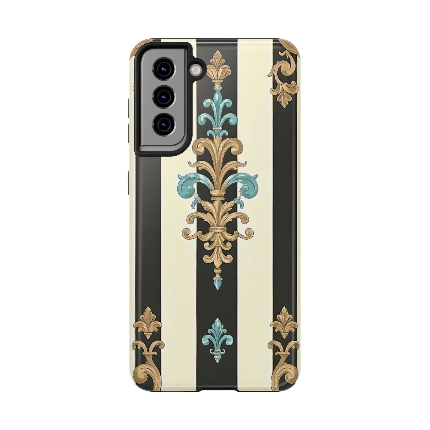 Elegant Vintage Tough Phone Cases, Stylish Phone Accessories, Quality Protection, Gifts for Her - Black Striped Turquoise & Black Rococo