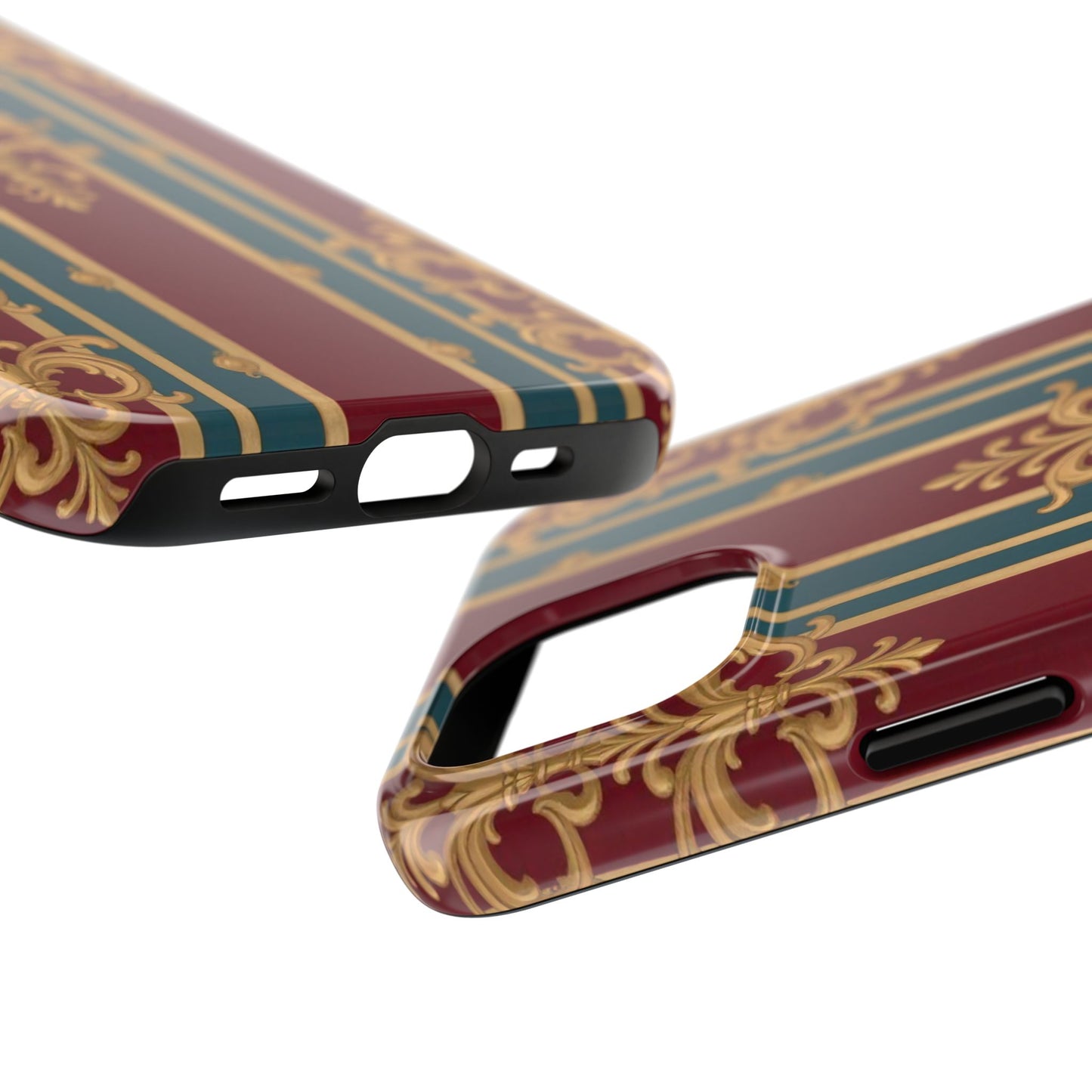 Elegant Vintage Tough Phone Case, Luxury Phone Protection, Stylish Phone Cover, Durable Phone Accessory - Burgundy Striped Gold Baroque