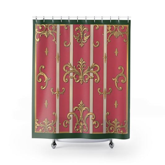 Elegant Vintage Green Border Pink Striped Baroque Shower Curtain – Luxurious Bathroom Decor, Gift for Housewarming and Weddings