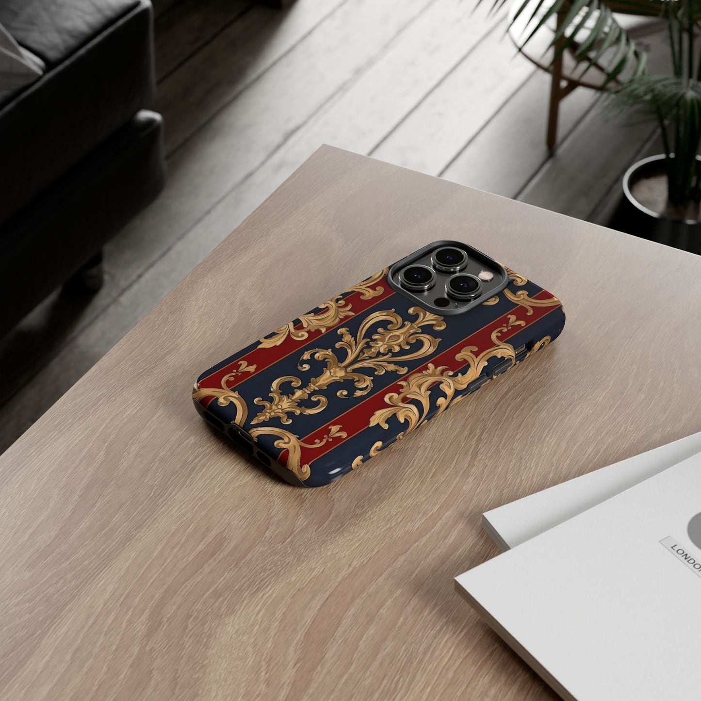 Elegant Floral Motif Phone Case - Tough Cases with Vintage Design - Midnight Blue & Dusk Red Striped Gold Damask
