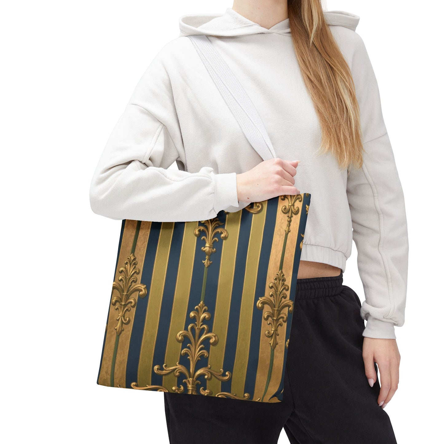 Elegant Midnight Blue & Olive Striped Gold Baroque Golden Striped Tote Bag, Stylish Shopping Bag, Trendy Handbag, Chic Gift for Her