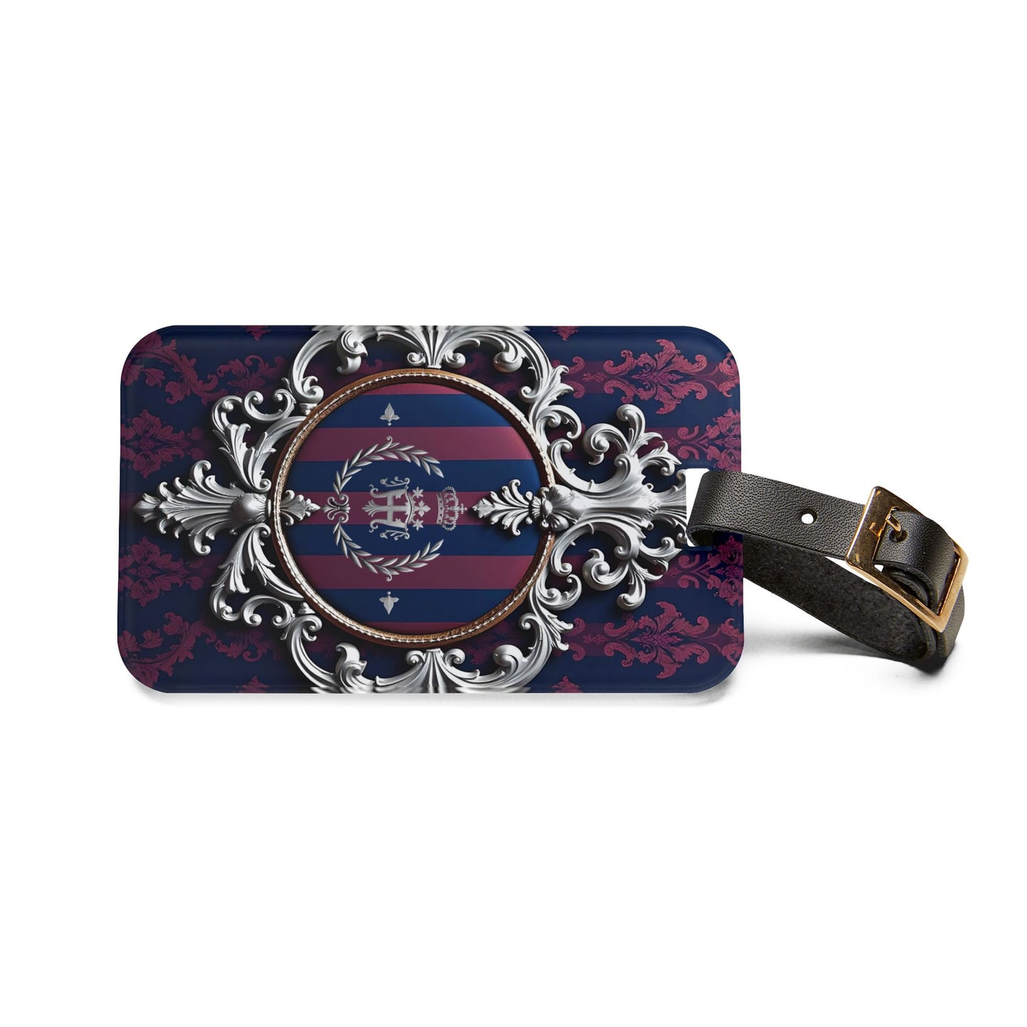 Elegant Vintage-Inspired Luggage Tag, Travel Accessory, Personalized Baggage Identifier, Unique Gift for Travelers - Blue & Plum Striped Silver Crest