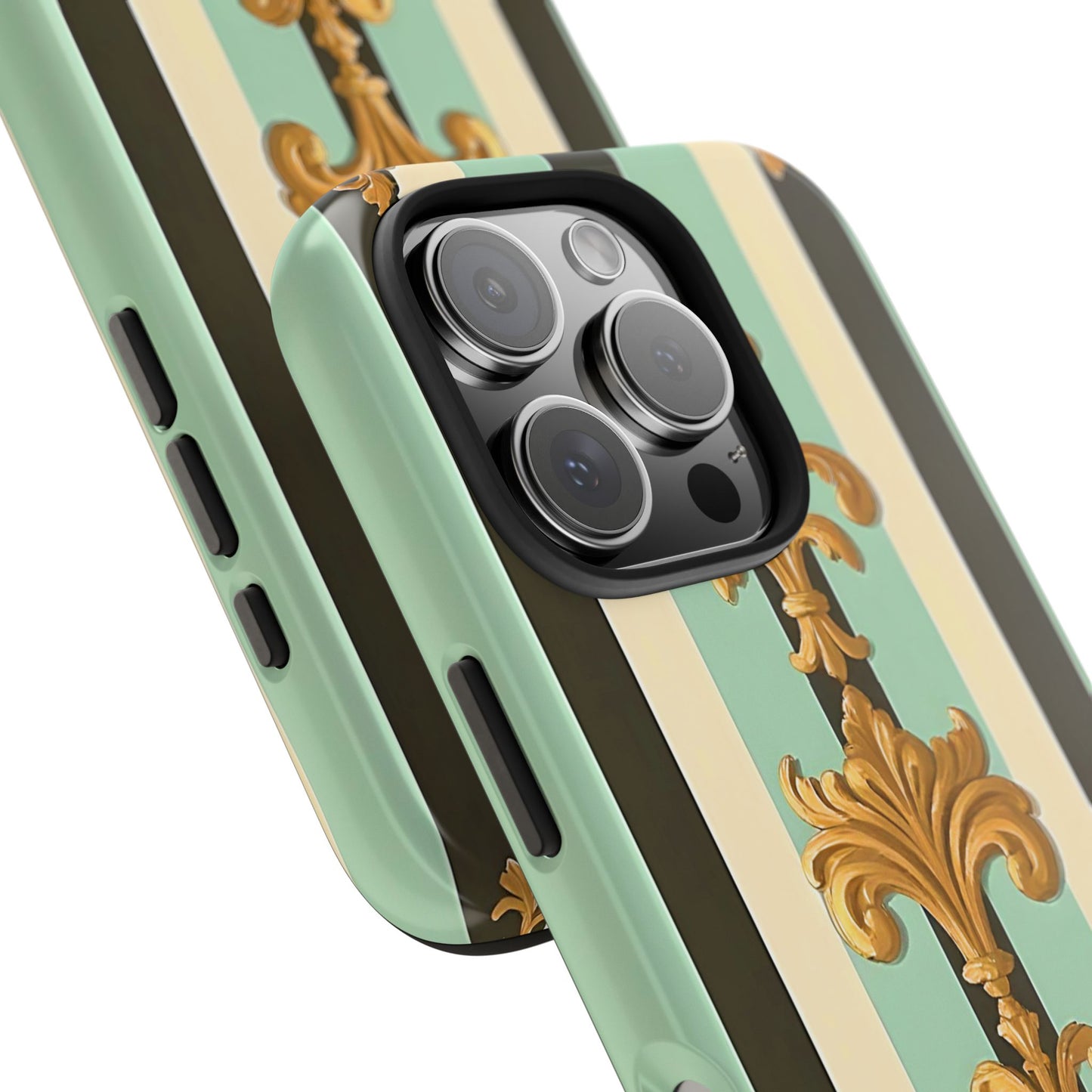 Elegant Floral Tough Phone Cases - Stylish Protection for All Occasions, Gifts for Her, Phone Covers - Black & Matte Mint Striped Rococo