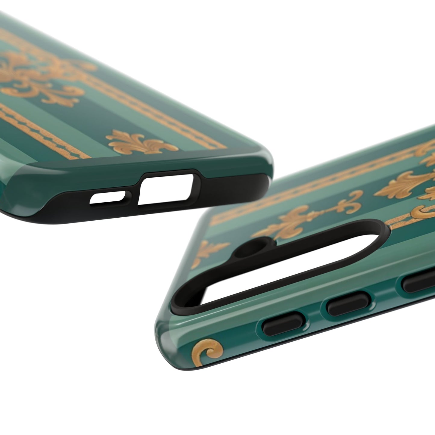 Elegant Floral Motif Phone Case - Tough Cases with Vintage Design - Teal Striped Gold Damask