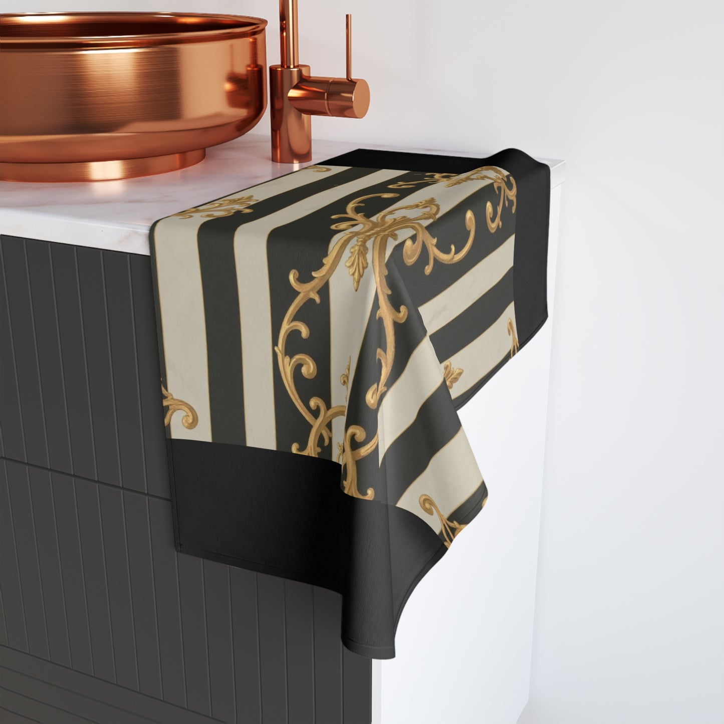 Elegant Black & Alabaster Striped Baroque Hand Towel, Luxe Kitchen Towel, Bathroom Decor, Stylish Home Accessory, Gift for Her, Decorative Towel