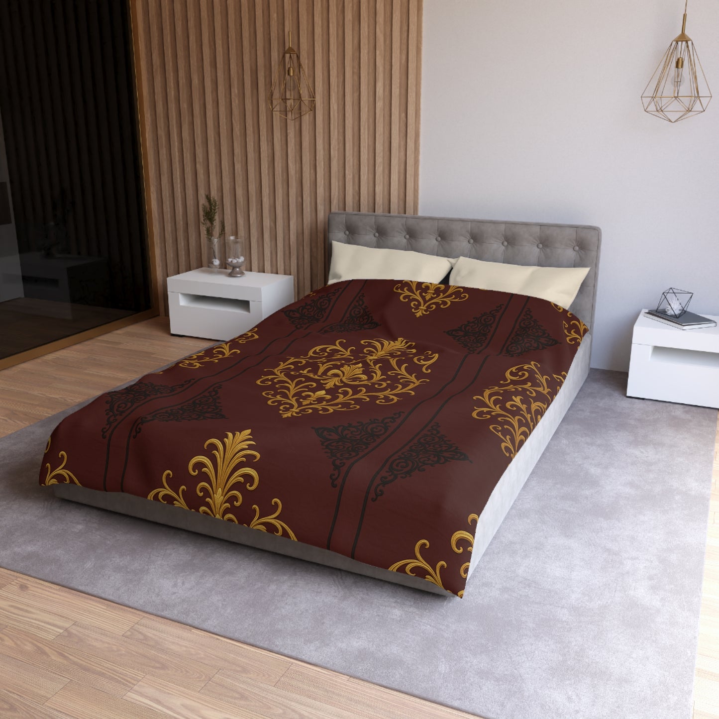 Dusk Burgundy-Black & Gold Baroque Duvet Cover - Regal Gold Baroque on Burgundy Microfiber