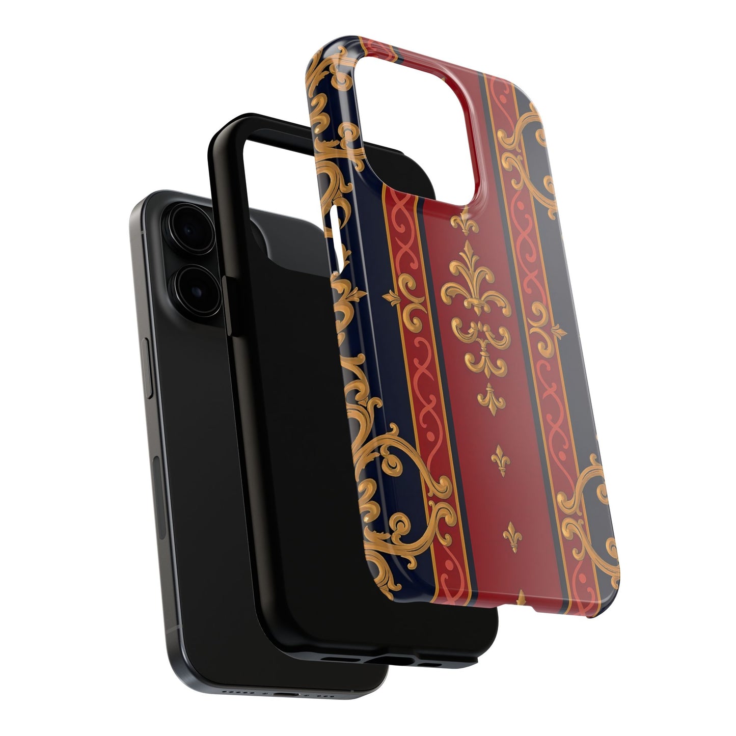 Elegant Vintage Phone Cases, Tough Phone Cover, Stylish Cell Phone Accessories, Durable Phone Protection - Midnight Blue & Dusk Red Gold Baroque