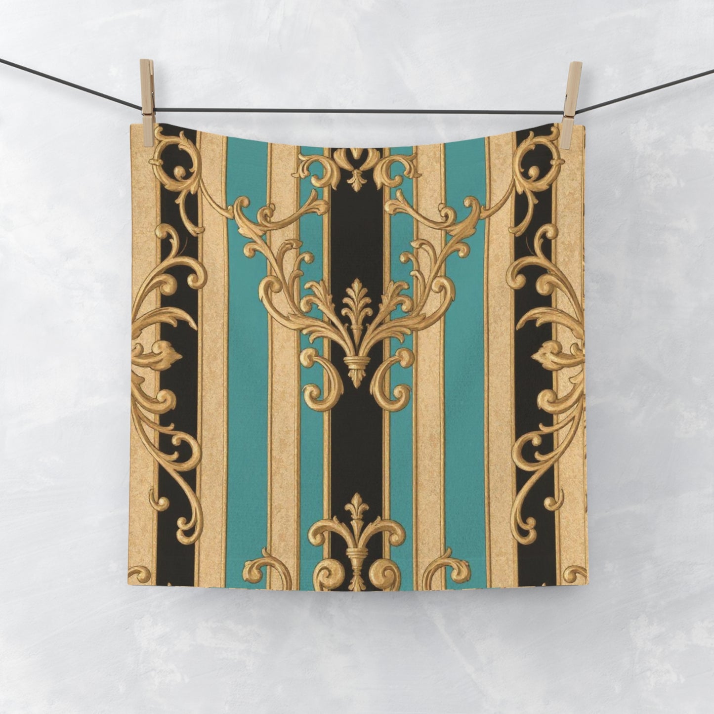 Elegant Black, Tan & Ocean Green Striped Gold Baroque Face Towel, Luxury Spa Decor, Gift for Her,  Wedding or Birthday Present