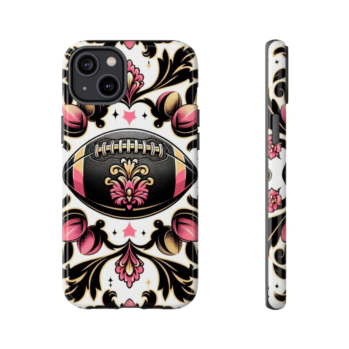Elegant Floral Motif Phone Case - Tough Cases with Vintage Design - Damask White, Pink Gold & Black Football