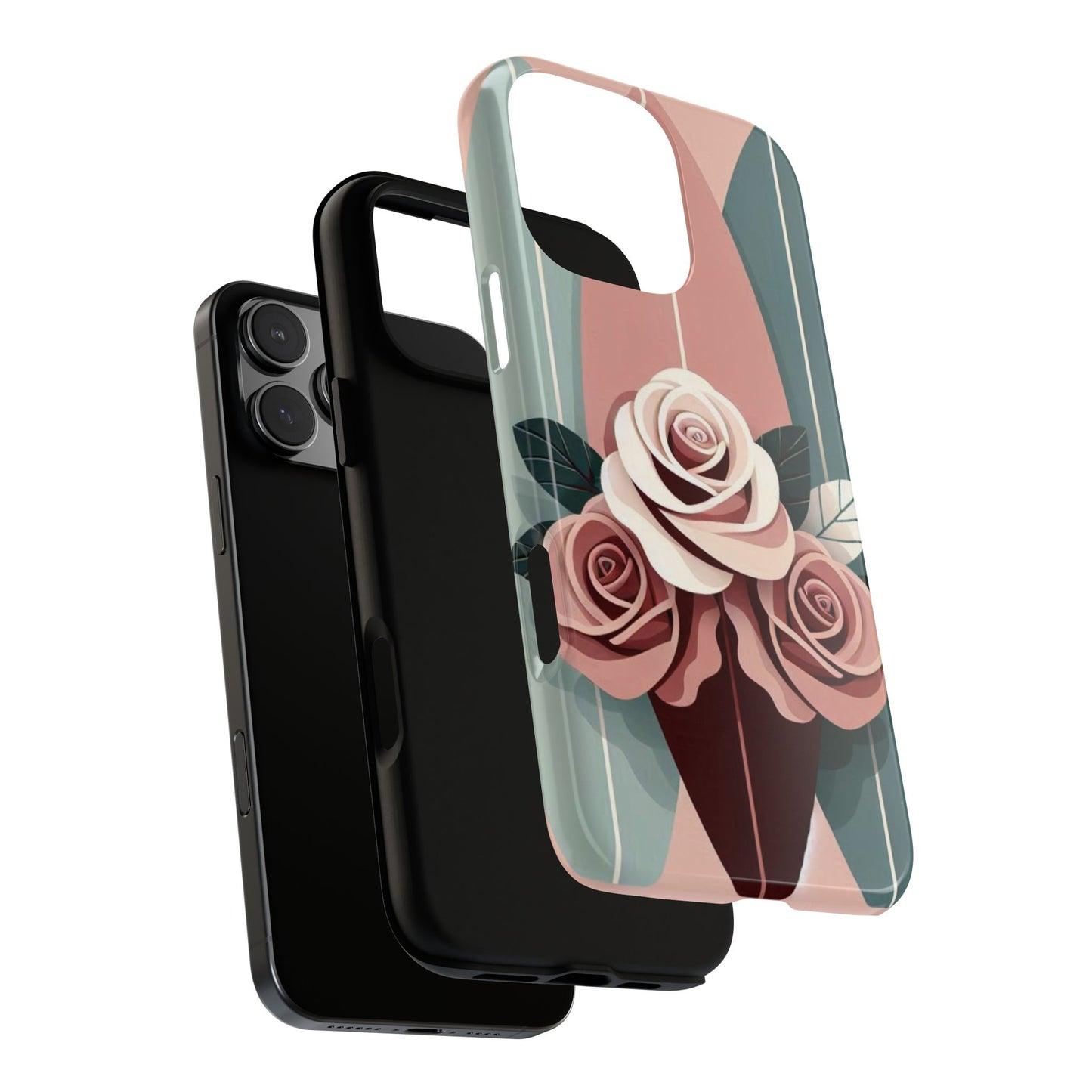 Phone Case - Burgundy, Matte Mauve & Teal Surfboard & Roses Design