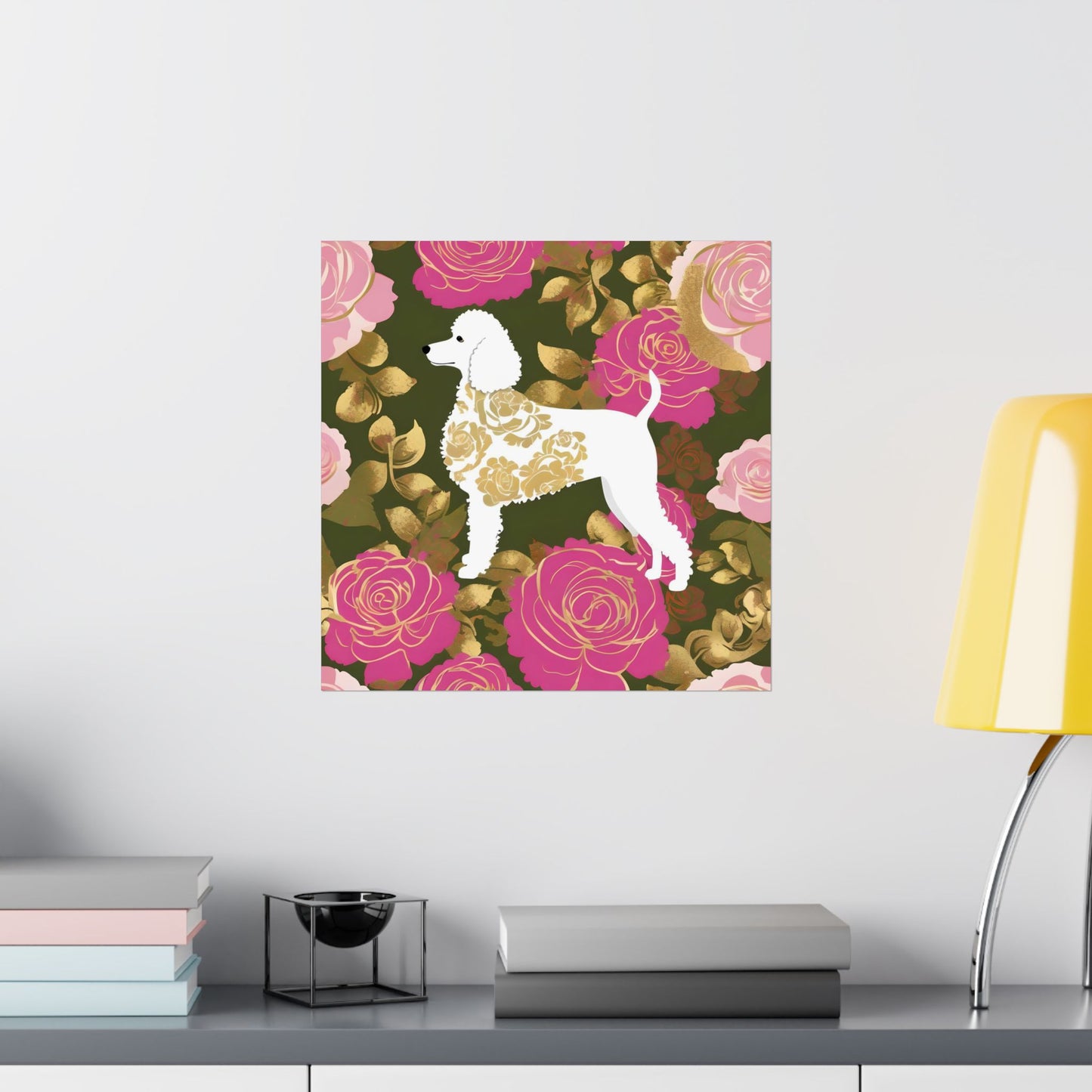 Vertical Poster - Elegant Matte Floral Art Wall Decor - Damask White Poodle and Pink Roses