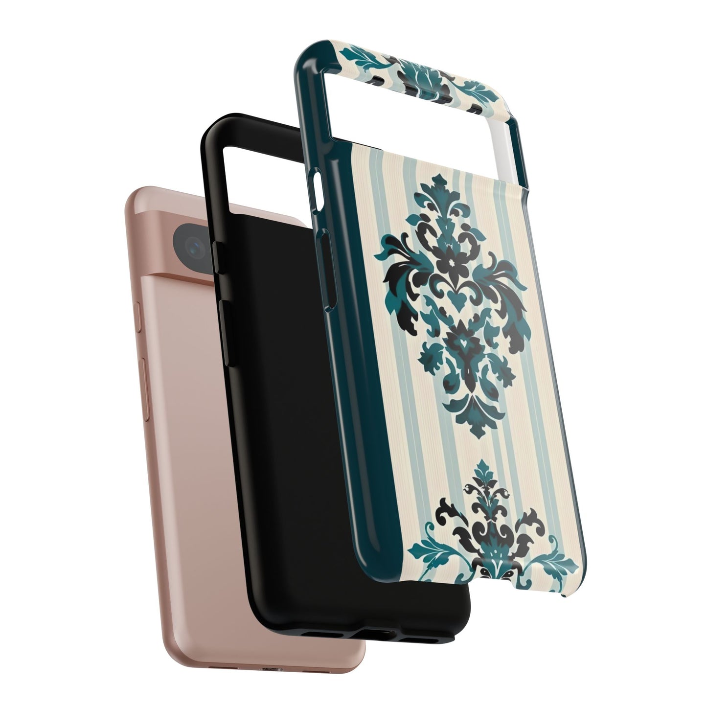 Elegant Floral Phone Case - Tough Cases with Vintage Design - Teal Striped Damask