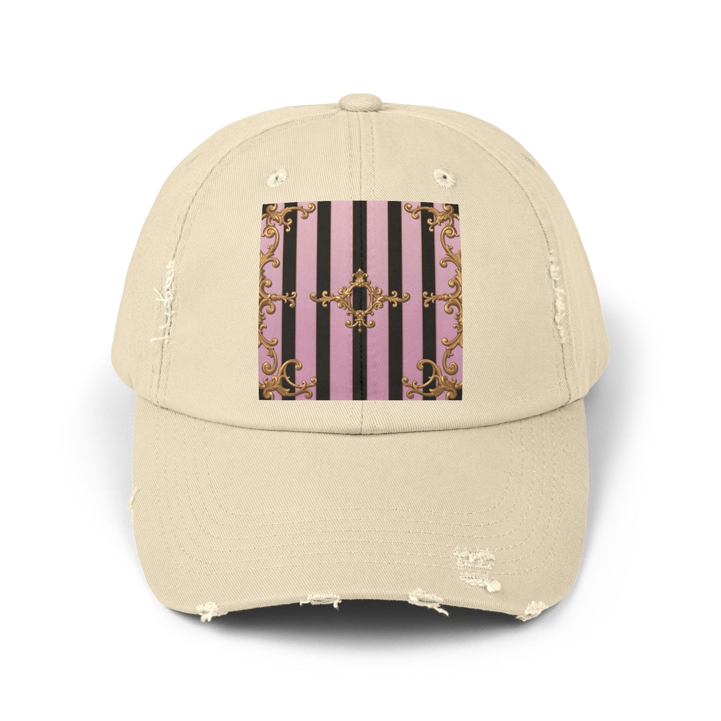 Chic Distressed Cap, Trendy Fashion Accessory, Summer Style Hat, Unique Gift for Her - Matte Lavender & Black Striped Gold Baroque