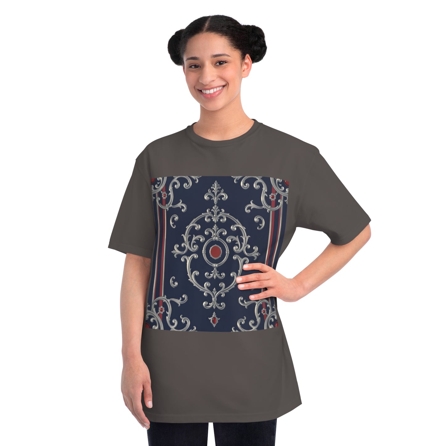 Vintage Pattern Organic Unisex T-Shirt | Baroque Style Tee, Casual Wear, Unique Gift, Eco-Friendly Fashion - Blue & Red Striped Silver Baroque