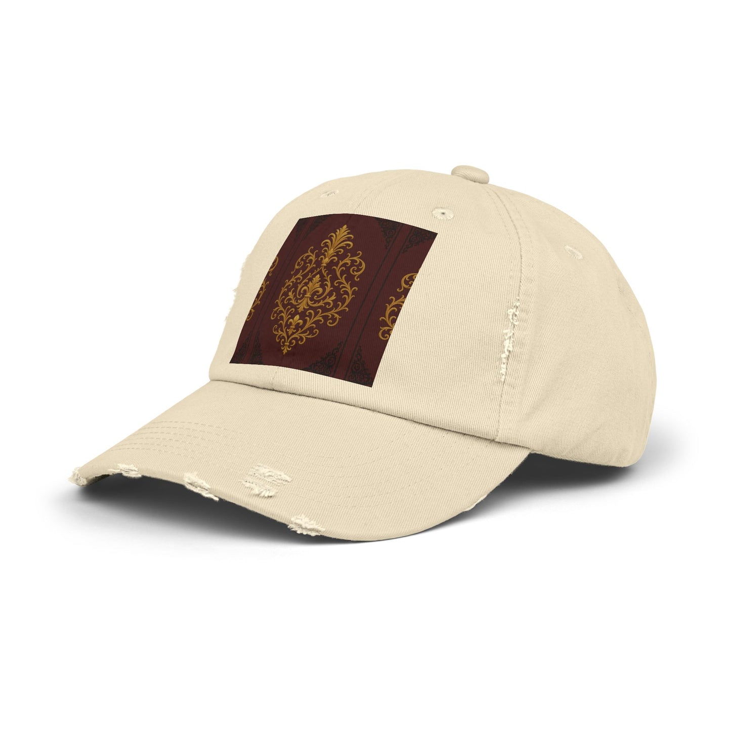 Dusk Burgundy-Black & Gold Baroque Distressed Black Cap with Vintage Gold Baroque Panel – Elegant Retro Baseball Hat