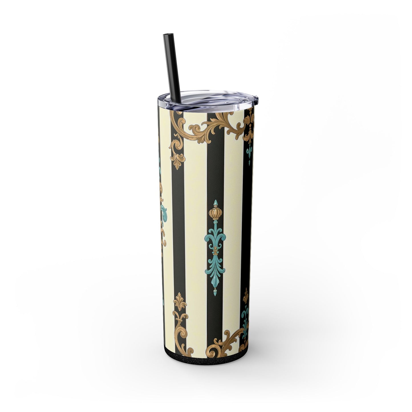 Elegant Stripe Skinny Tumbler | 20oz | Ideal Gift for Home, Office, Travel, Party, or Everyday Use - Black Striped Turquoise & Black Rococo