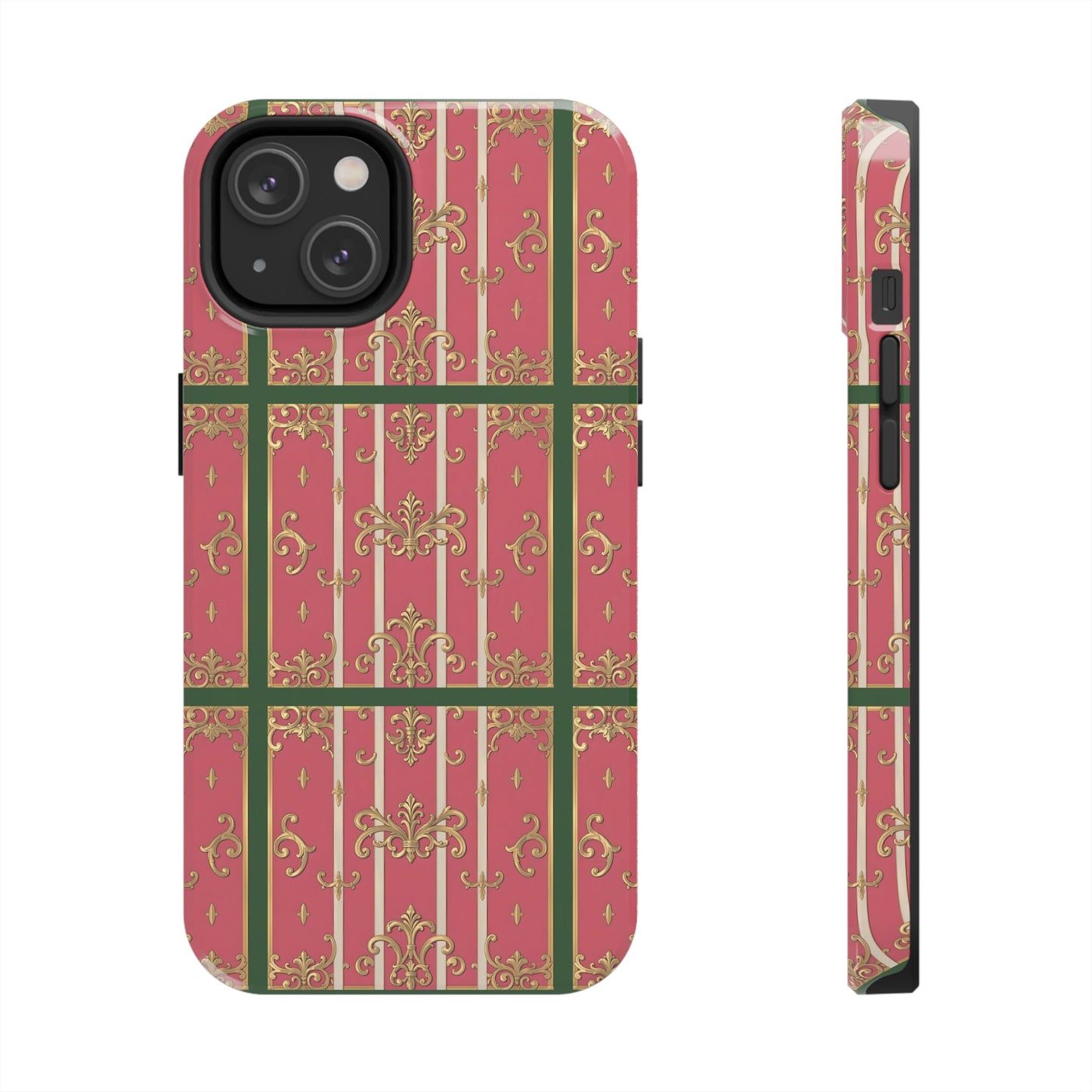 Elegant Green Border Pink Striped Baroque Phone Cases, Tough Phone Cases for Protection, Stylish Mobile Accessories, Gift for Her, Holiday Tech Gifts