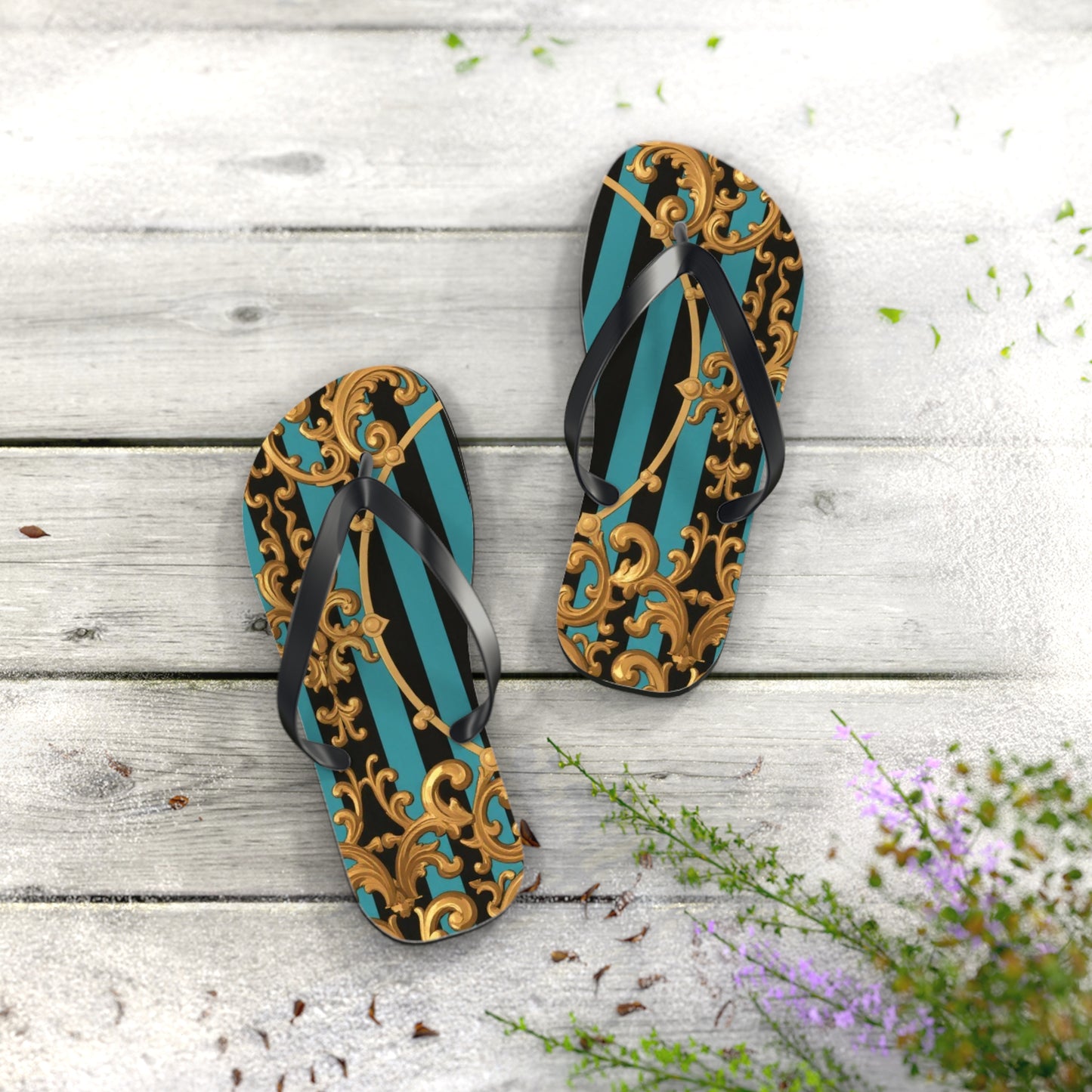 Elegant Turquoise & Black Striped Gold Baroque Patterned Flip Flops for Beach, Summer Vibes, Vacation Essentials, Stylish Footwear
