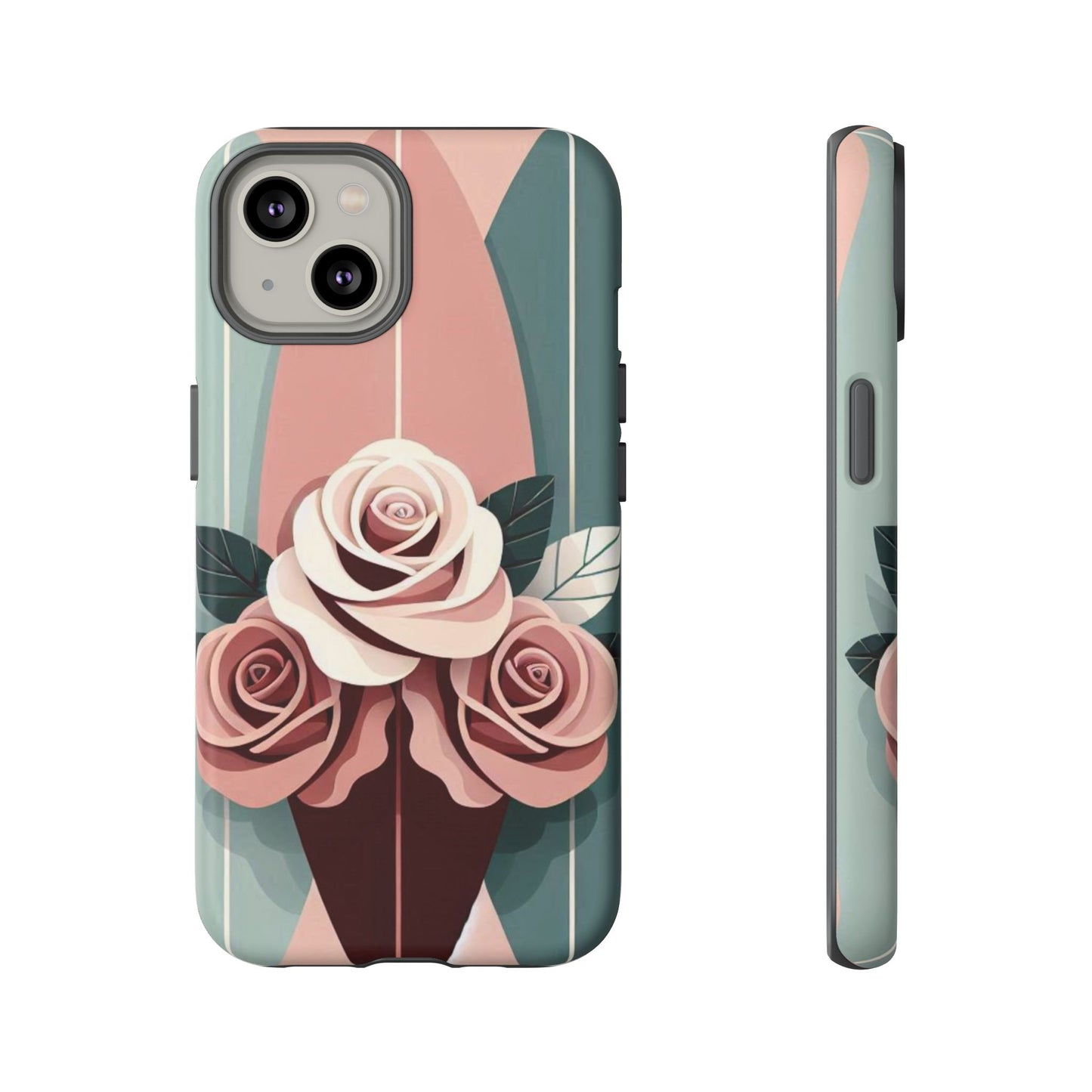 Phone Case - Burgundy, Matte Mauve & Teal Surfboard & Roses Design