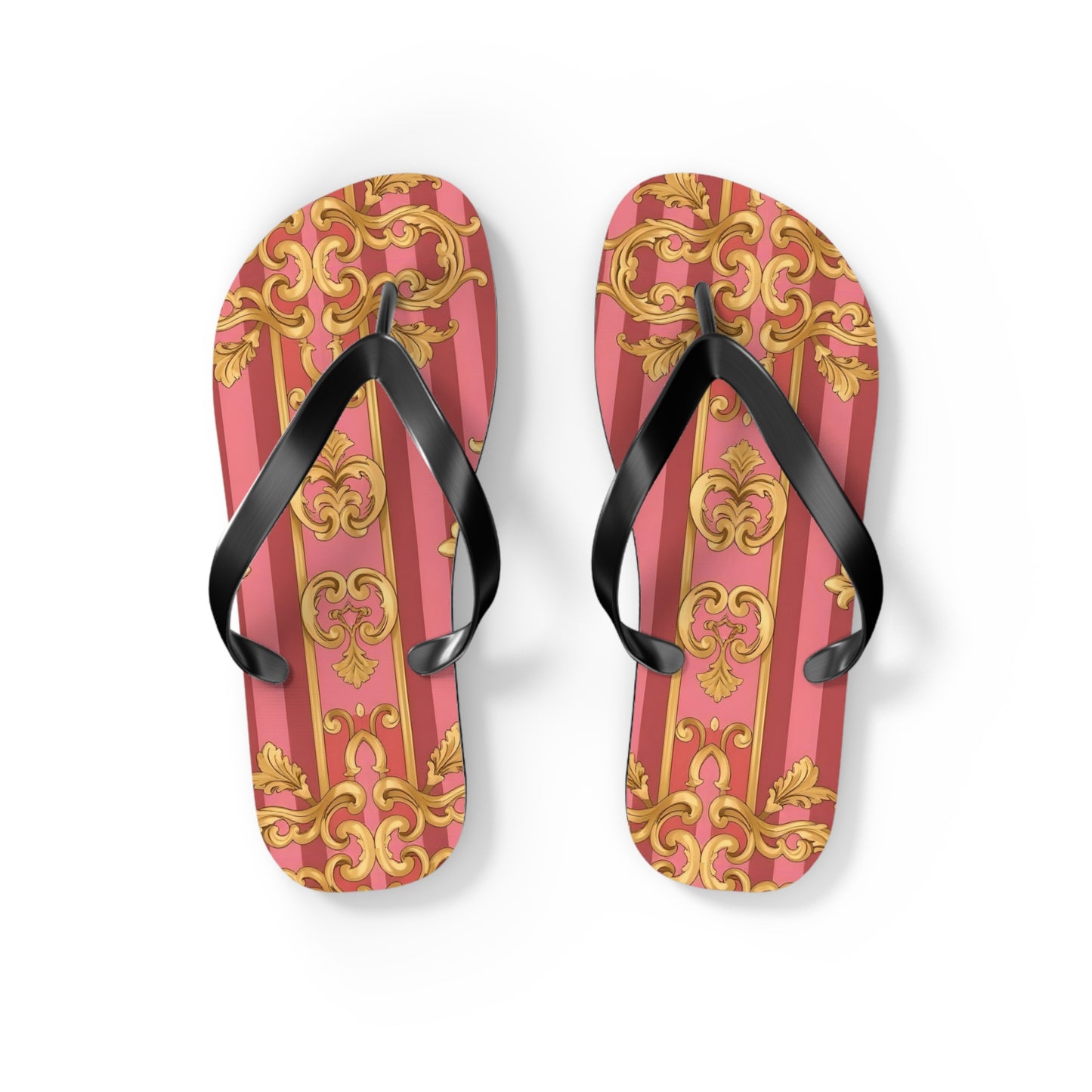 Elegant Floral Flip Flops, Summer Sandals, Beach Accessories, Vacation Footwear, Stylish Slip-Ons - Pink Striped Gold Baroque