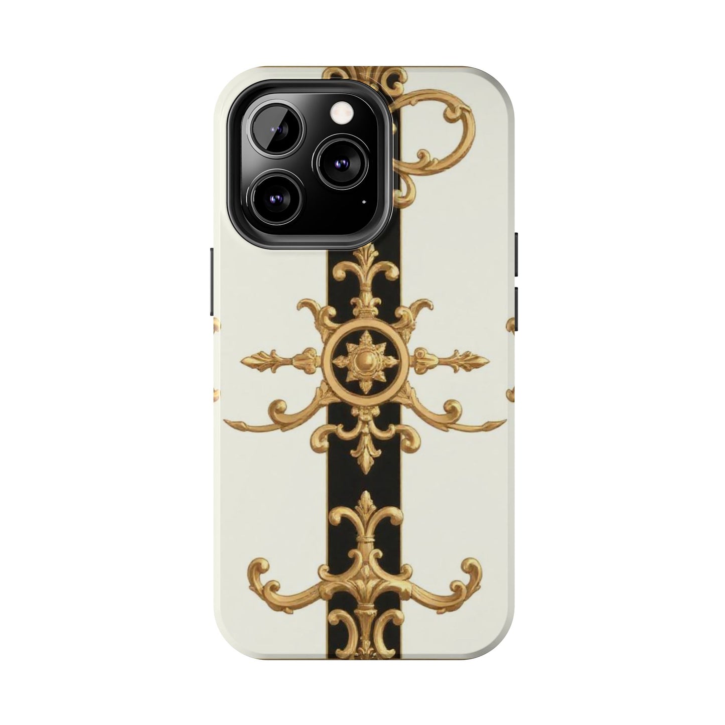 Elegant Baroque Tough Phone Case | Stylish Protection for Your Device, Gift for Her, Phone Accessories - Black & White Striped Gold Baroque