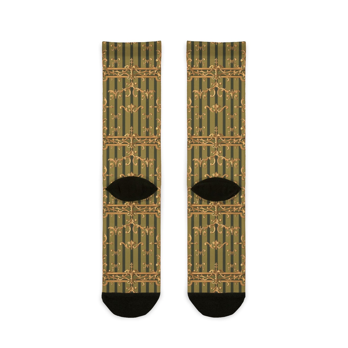 Rococo Pattern Crew Socks | Cozy Gift, Eco-Friendly Fashion, Unique Accessories, Fun Everyday Wear - Olive Green Striped Rococo